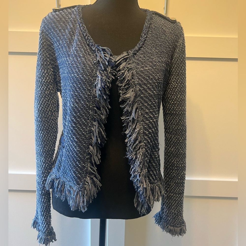 Chelsea & Theodore Blue Fringe Open-Front Knit Cardigan